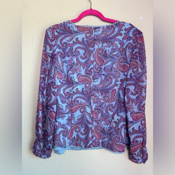 Jessica Simpson Blue Boho Paisley Chiffon Long Sleeve Crochet Trim Blouse 2X - Picture 10 of 12